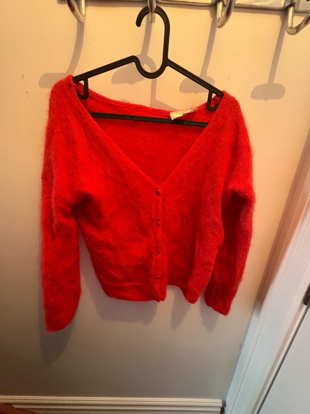 Sezane Fuzzy V-Neck Button-Front Women's Sweater Cardigan - Red